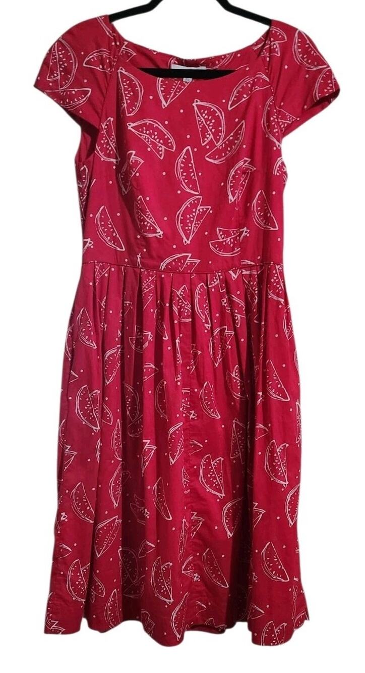 Modcloth Emily and Fin M UK12 Pink Pinup Rockabilly Watermelon Fit Flare Dress